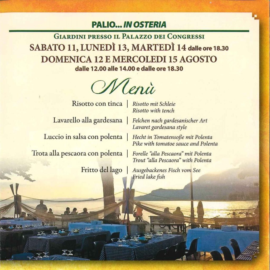 Menù PALIO... IN OSTERIA 2018 - Garda, giardini di Palazzo dei Congressi, 11-12-13-14-15 agosto 2018