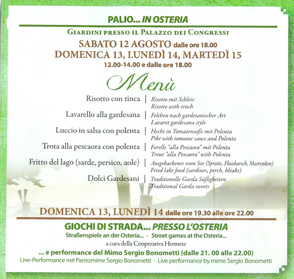 PALIO… IN OSTERIA - Pranzi e cene a base di pesce di lago - Garda, 12-13-14-15 agosto 2017